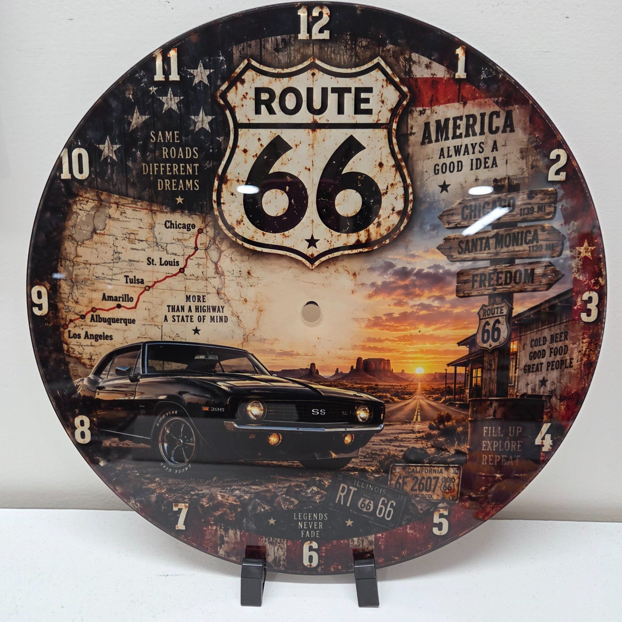 12 inch Route 66 muscle car glass wall clock
