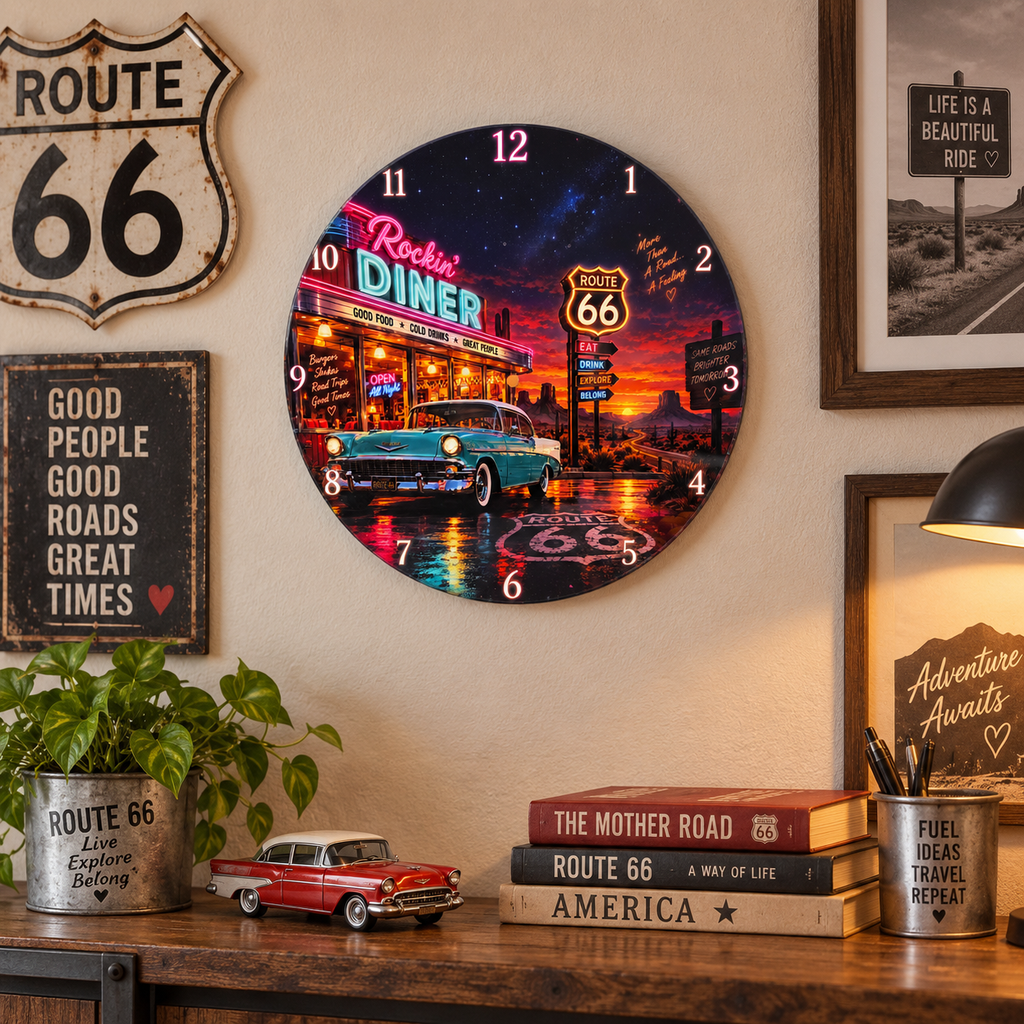 Route 66 neon-style diner 12 inch wall clock room mockup