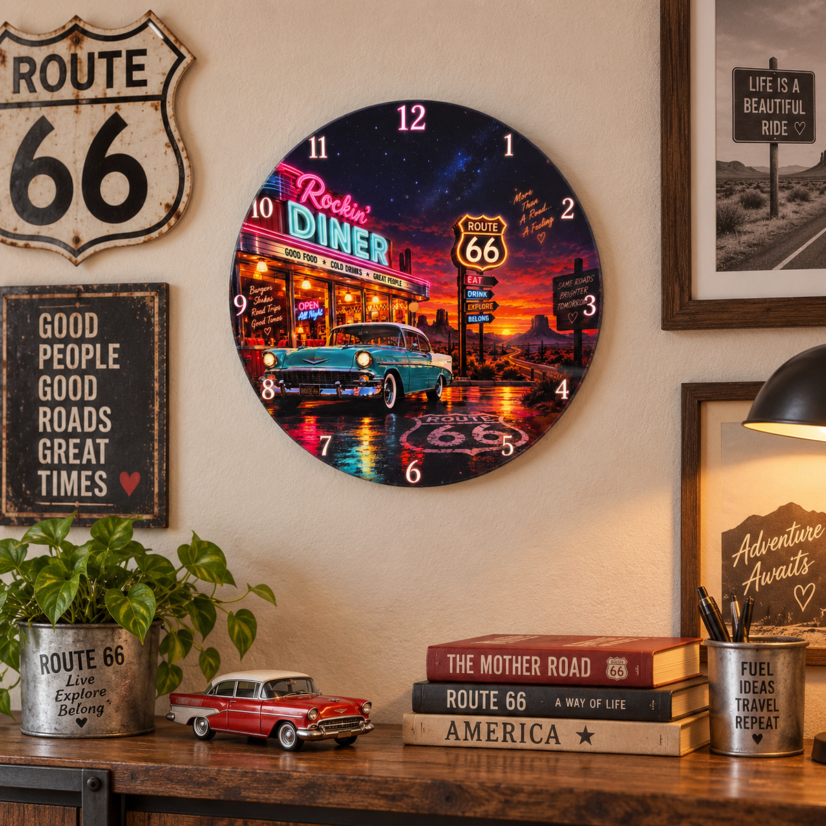Route 66 neon-style diner 12 inch wall clock room mockup