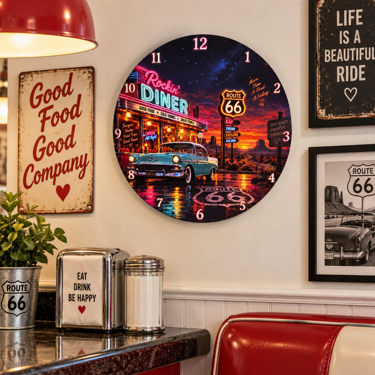 Route 66 neon-style diner 12 inch wall clock diner mockup