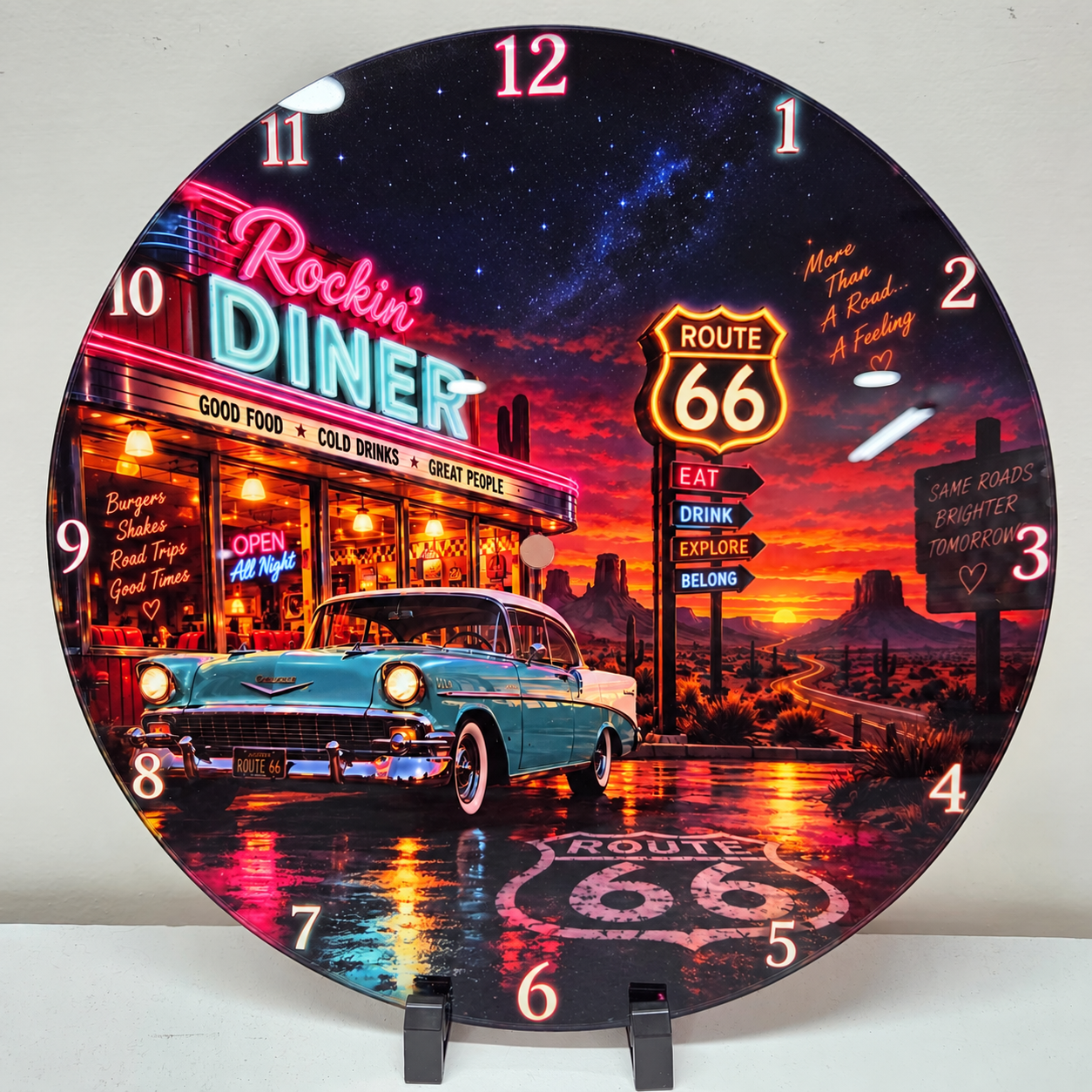 12 inch Route 66 neon-style diner glass wall clock