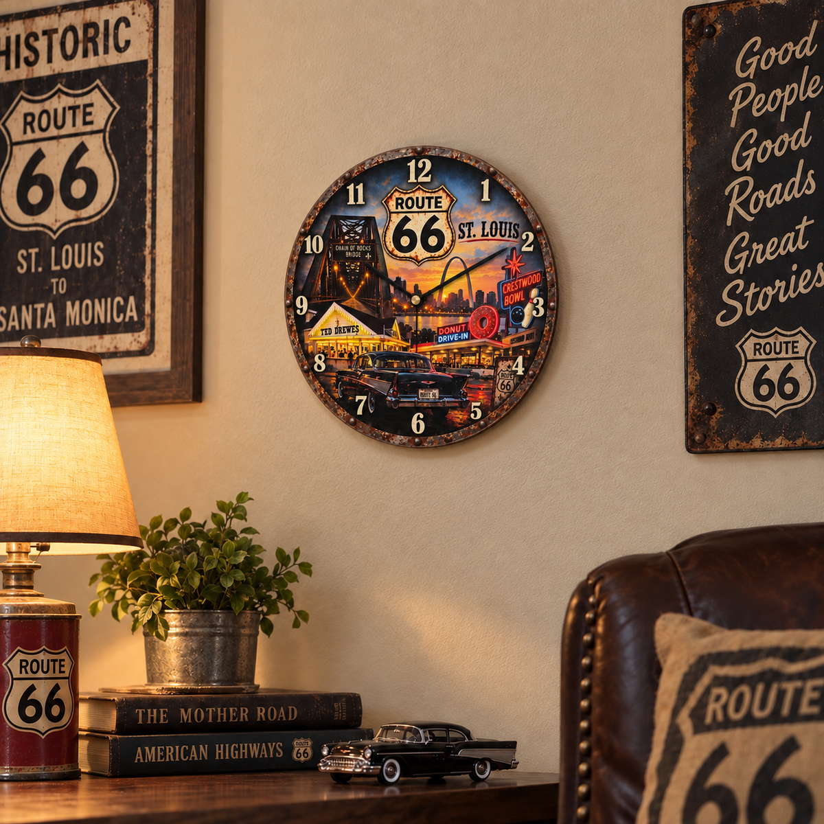 Route 66 St. Louis 12 inch wall clock in vintage room mockup