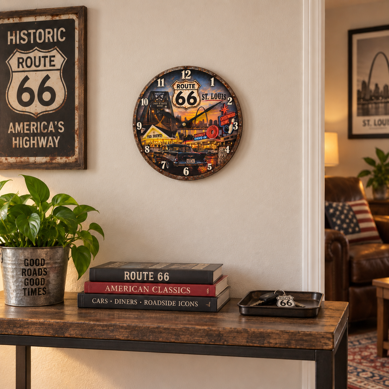 Route 66 St. Louis 12 inch wall clock lifestyle mockup