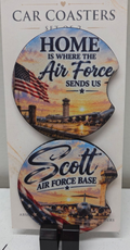 Photo of pair of Scott Air Force Base and Home Is Where the Air Force Sends Us neoprene car coasters with finger notches
