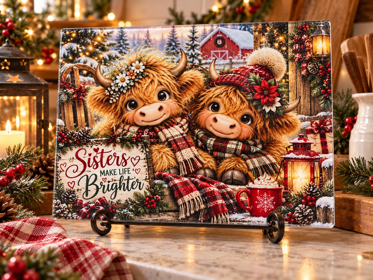 Sisters glass cutting board staged for Christmas