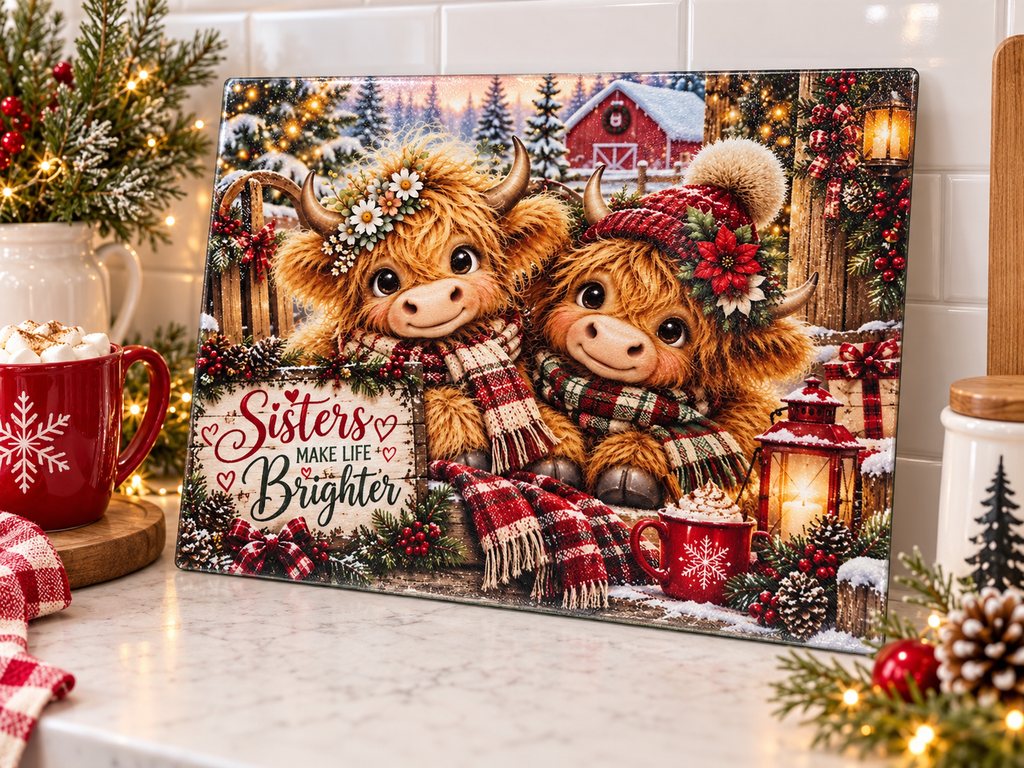 Sisters Highland cow cutting board festive kitchen mockup