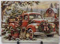 Actual vintage red Christmas truck glass cutting board with snowy farmhouse, wreath, bows, sled and lanterns