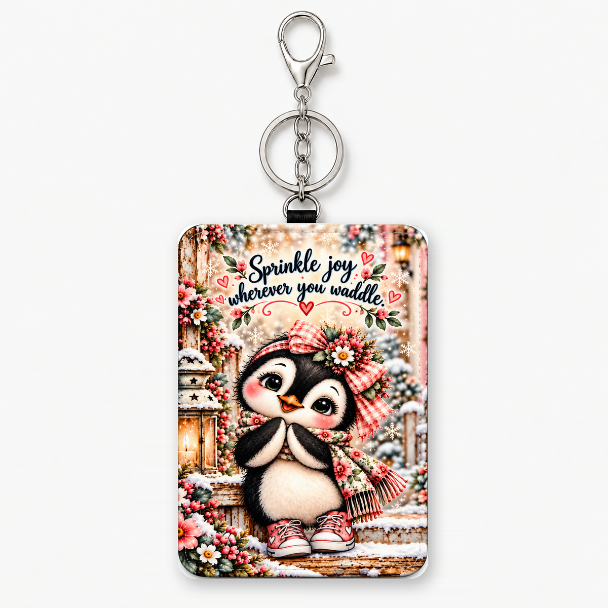 Sprinkle Joy Wherever You Waddle penguin ID holder on white background with upright silver key ring and clasp