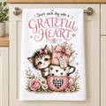 16 x 24 Christian kitchen towel with cat and grateful heart message
