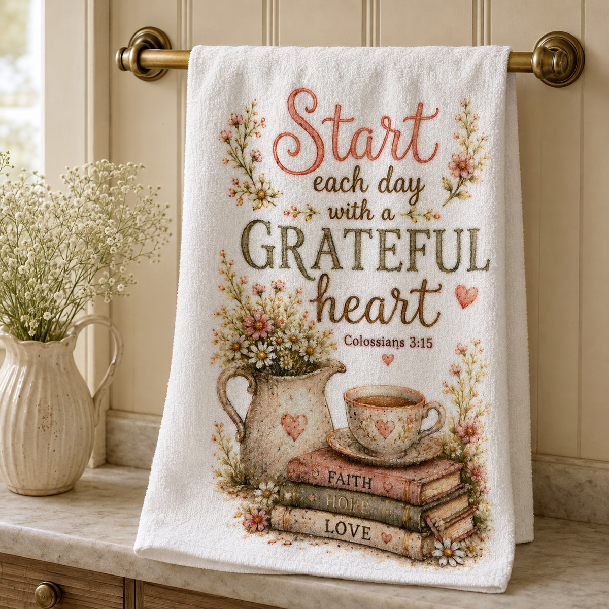 16 x 24 faith kitchen towel with grateful heart floral design