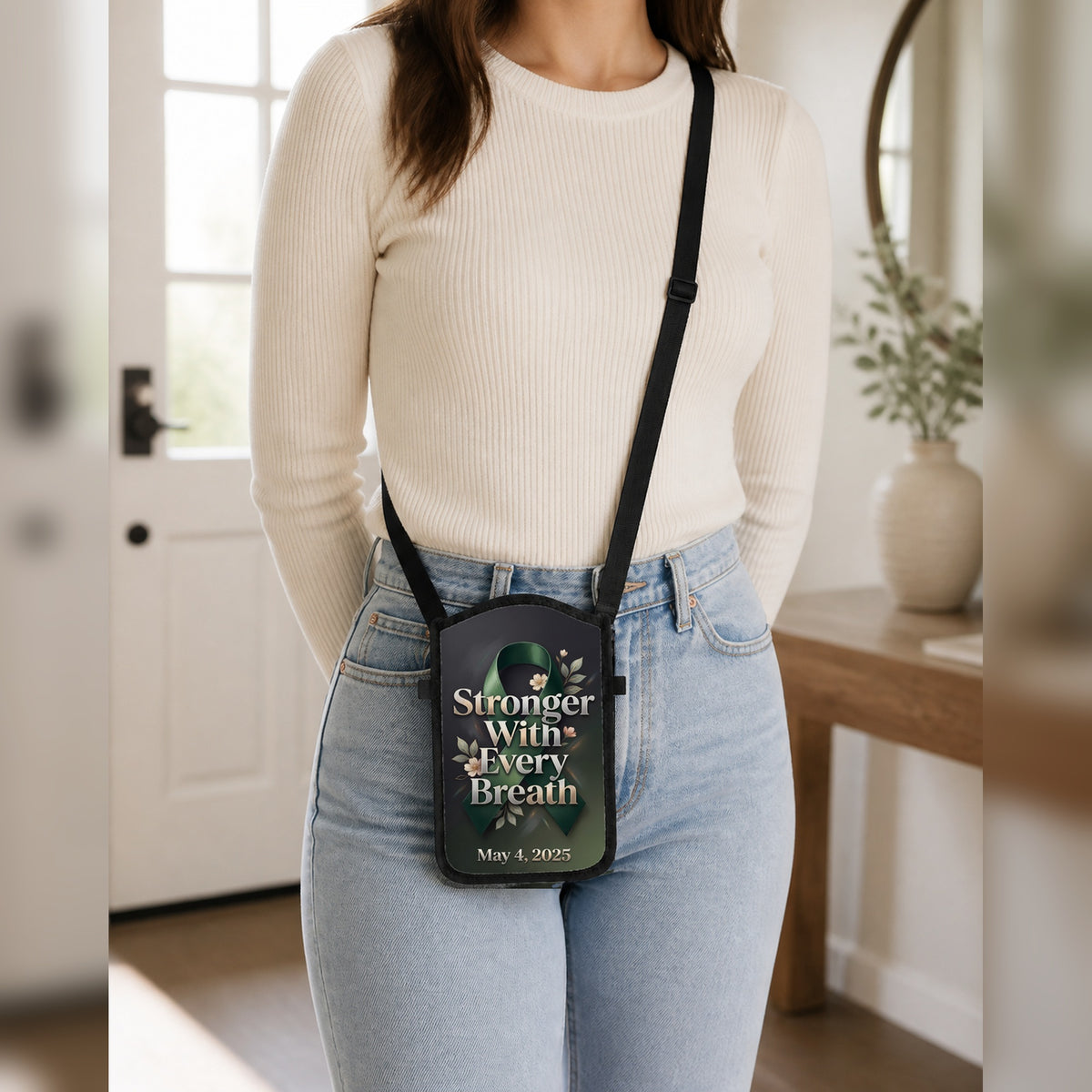 Stronger With Every Breath green ribbon cellphone purse