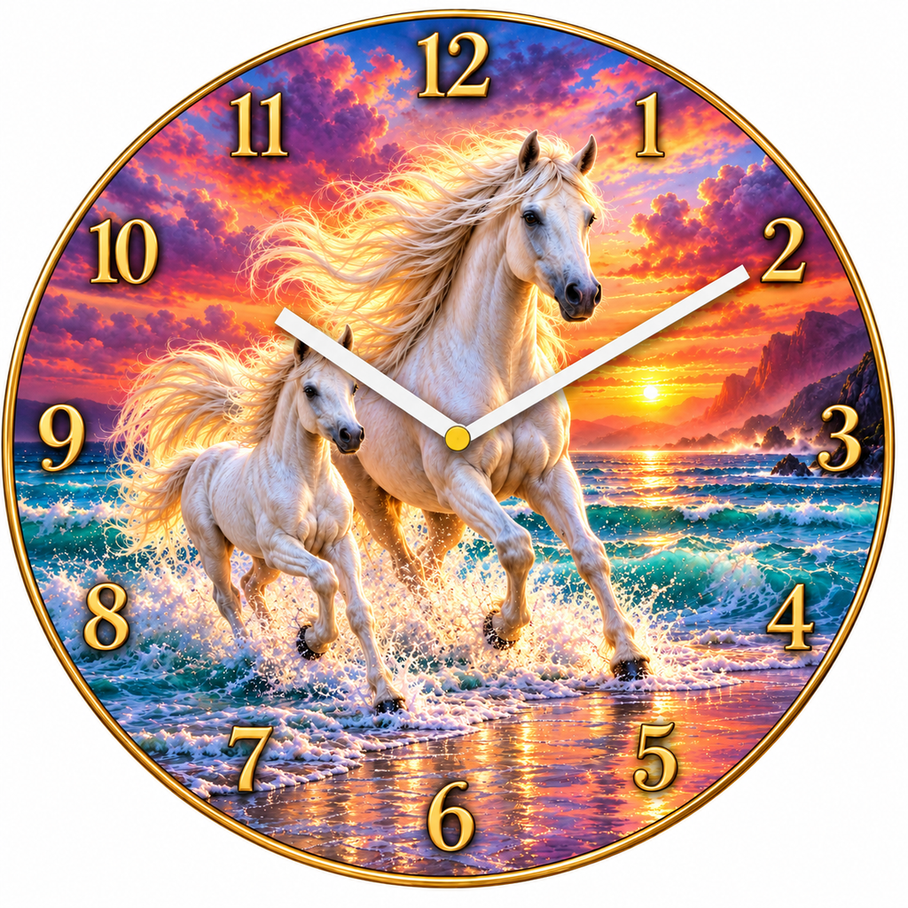 Sunset Gallop 12 inch glass wall clock with white horse and foal in ocean waves, digitally assembled preview