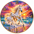 Sunset Gallop 12 inch glass wall clock with white horse and foal in ocean waves, digitally assembled preview