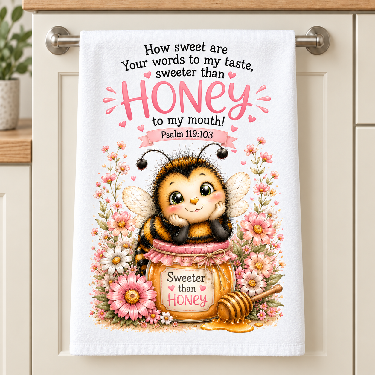 16 x 24 Christian kitchen towel with bee and Psalm 119:103