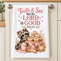 16 x 24 Christian kitchen towel with raccoon and Psalm 34:8