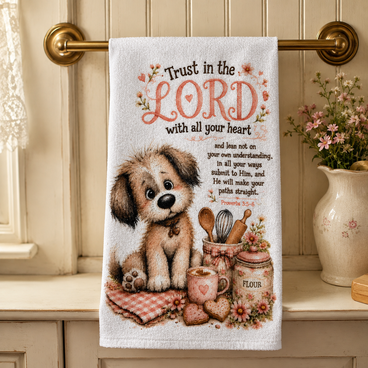 16 x 24 Christian kitchen towel with dog and Proverbs 3:5-6