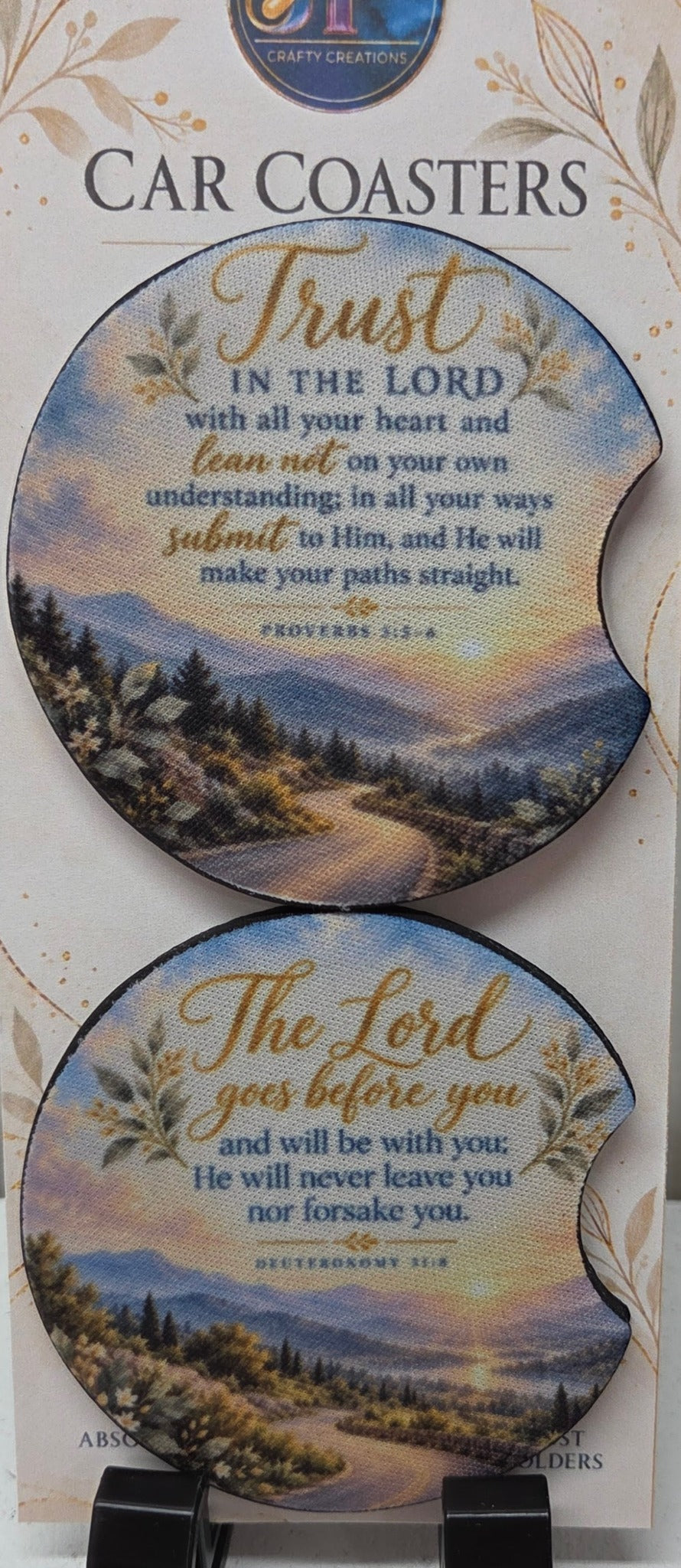 Actual set of two inspirational Christian Bible verse neoprene car coasters with notches and scenic backgrounds
