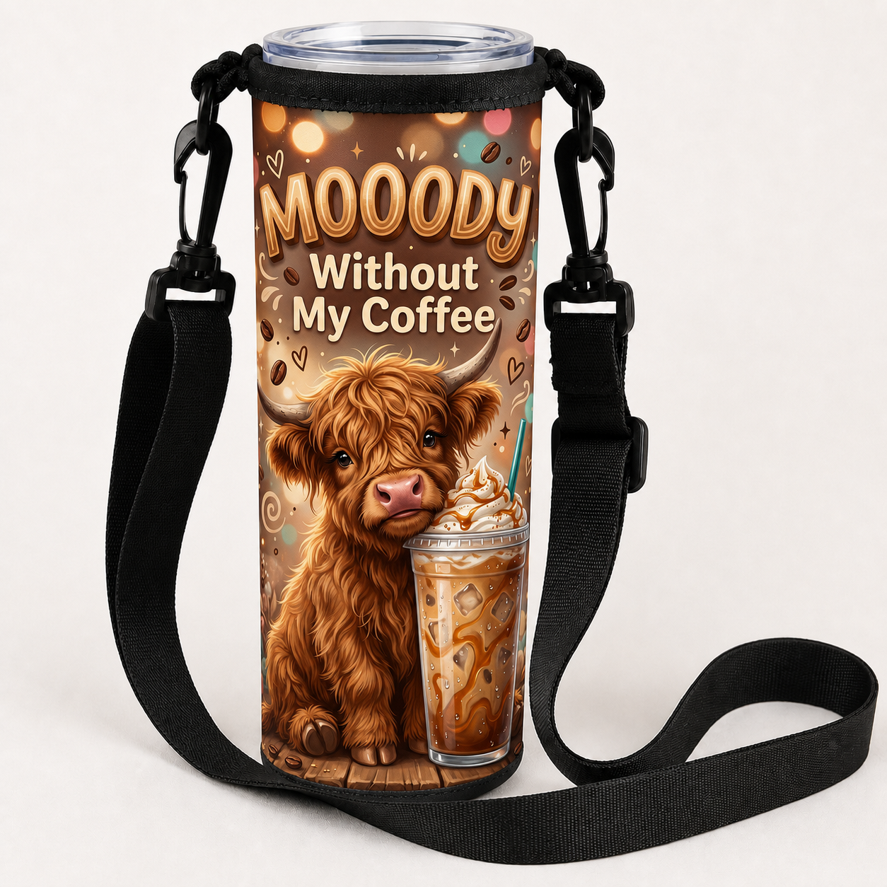 Moody Without My Coffee over-the-shoulder tumbler bag