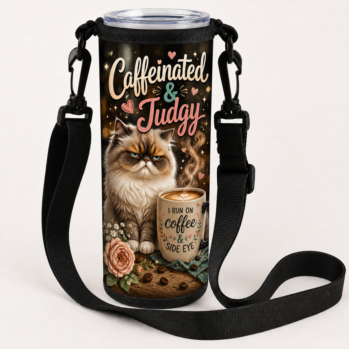 Caffeinated & Judgy over-the-shoulder tumbler bag