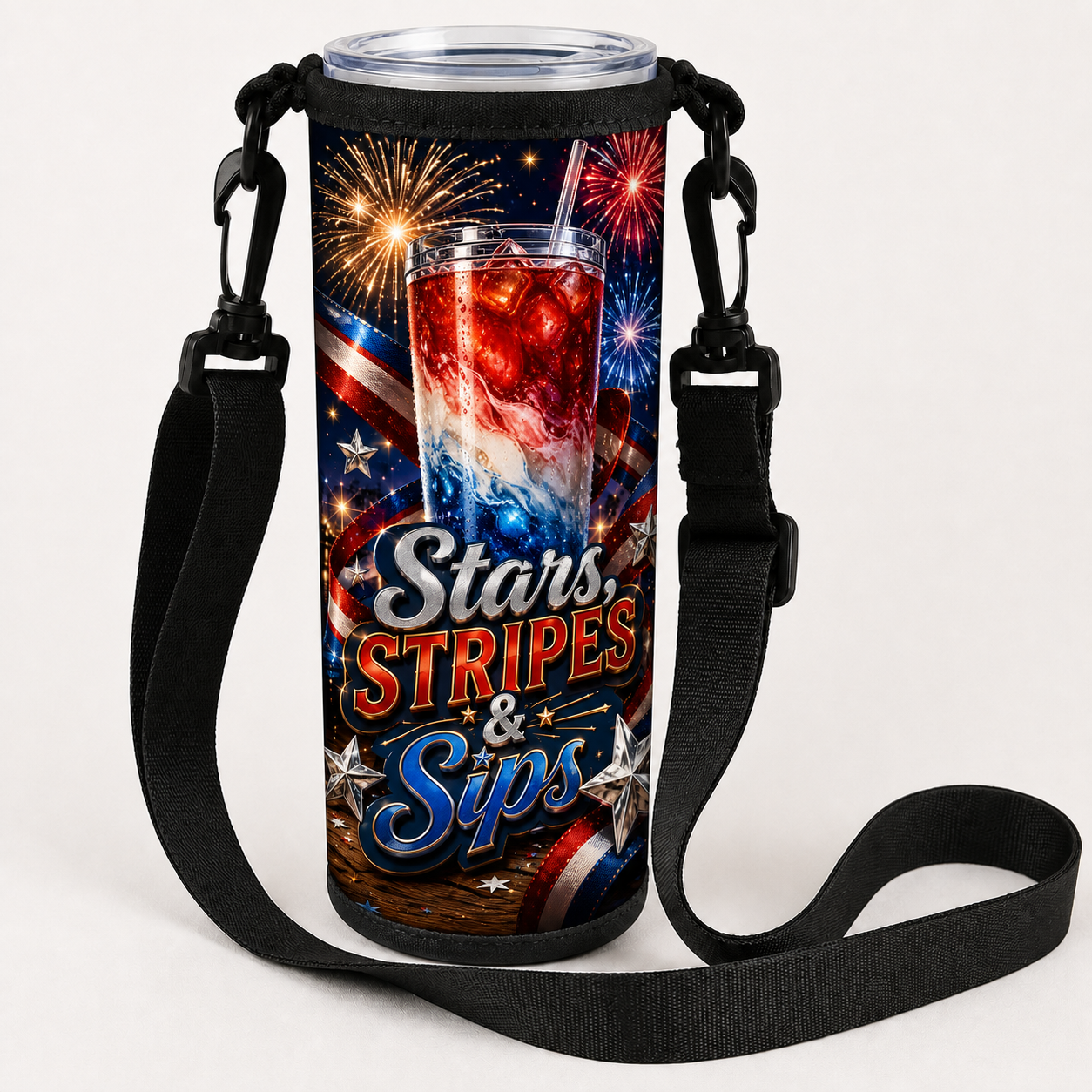 Stars, Stripes & Sips over-the-shoulder tumbler bag