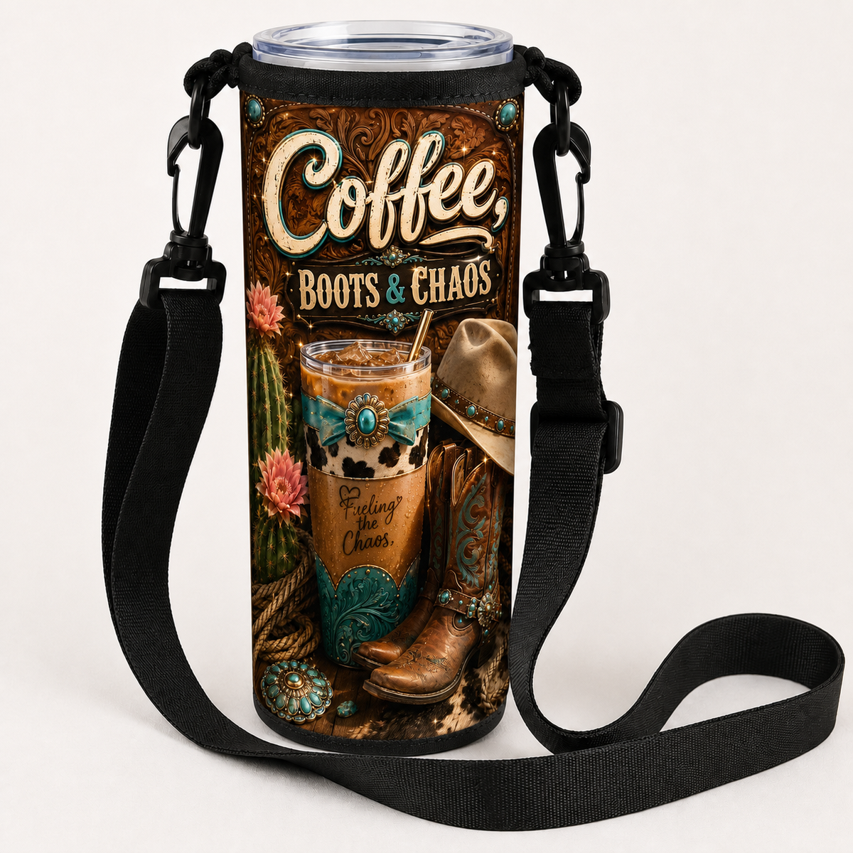 Coffee, Boots & Chaos over-the-shoulder tumbler bag