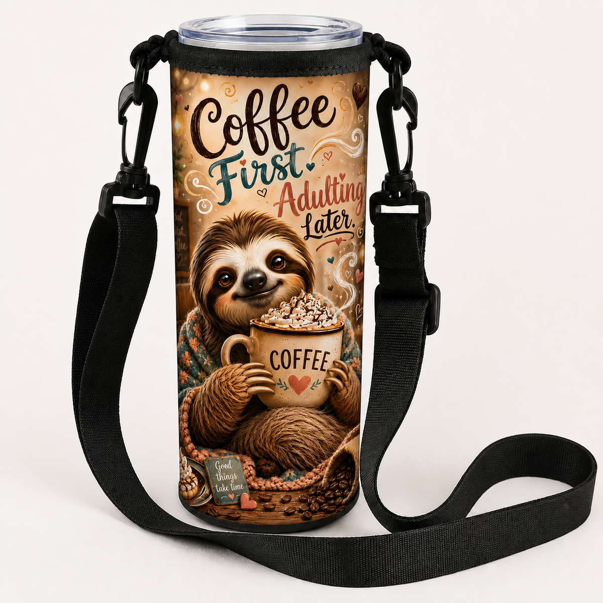 Coffee First, Adulting Later over-the-shoulder tumbler bag