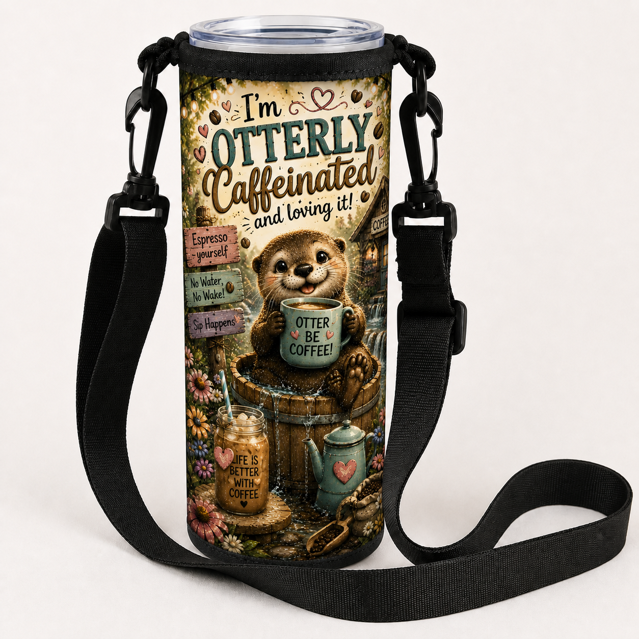 I’m Otterly Caffeinated over-the-shoulder tumbler bag