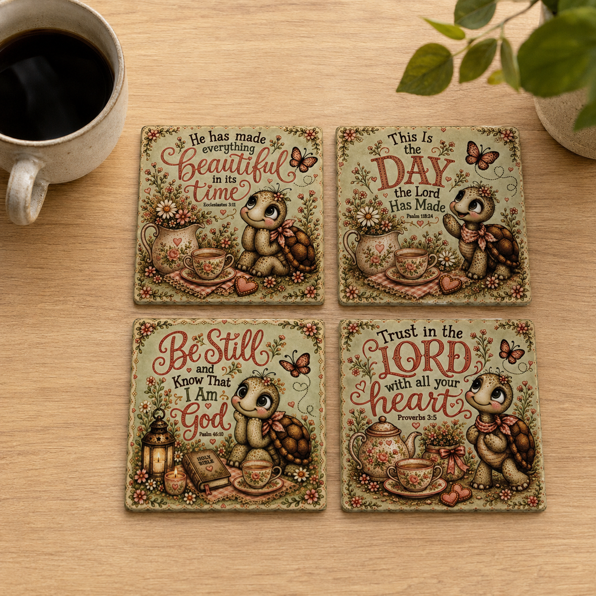 Set of four ceramic coasters with whimsical turtle Christian scripture designs