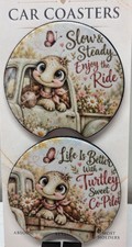 Actual set of two turtle-themed neoprene car coasters with finger notches and cute road trip sayings