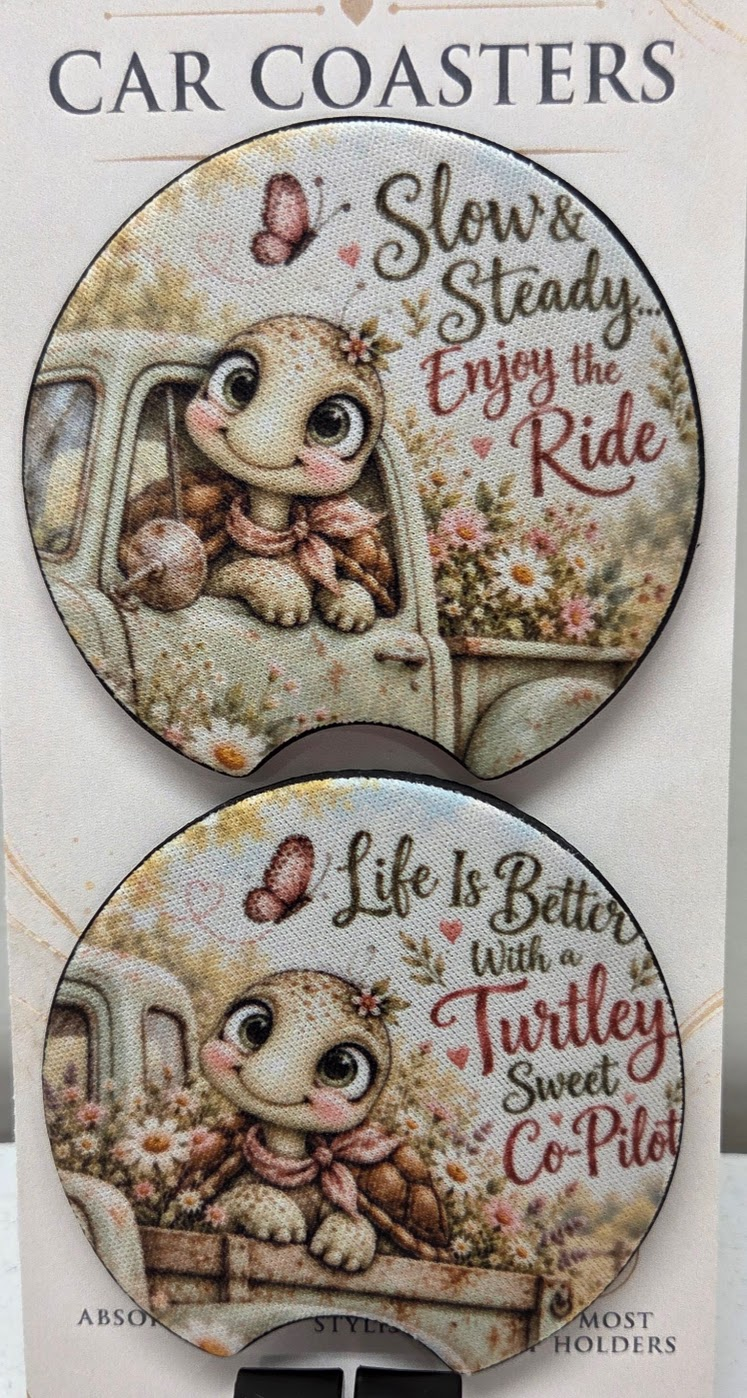 Actual set of two turtle-themed neoprene car coasters with finger notches and cute road trip sayings