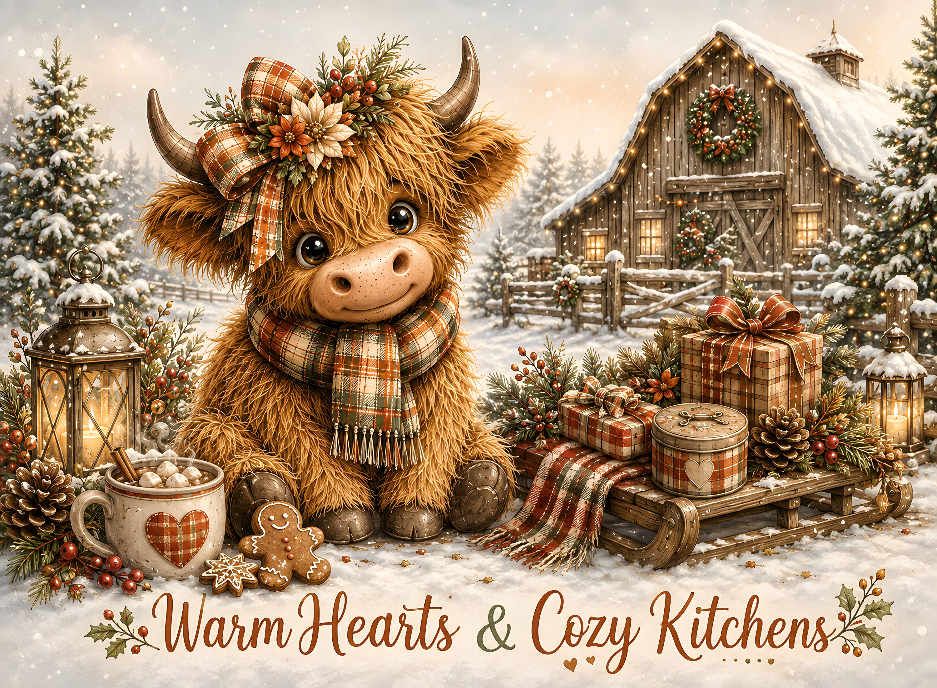 Christmas Highland cow Warm Hearts and Cozy Kitchens glass cutting board design