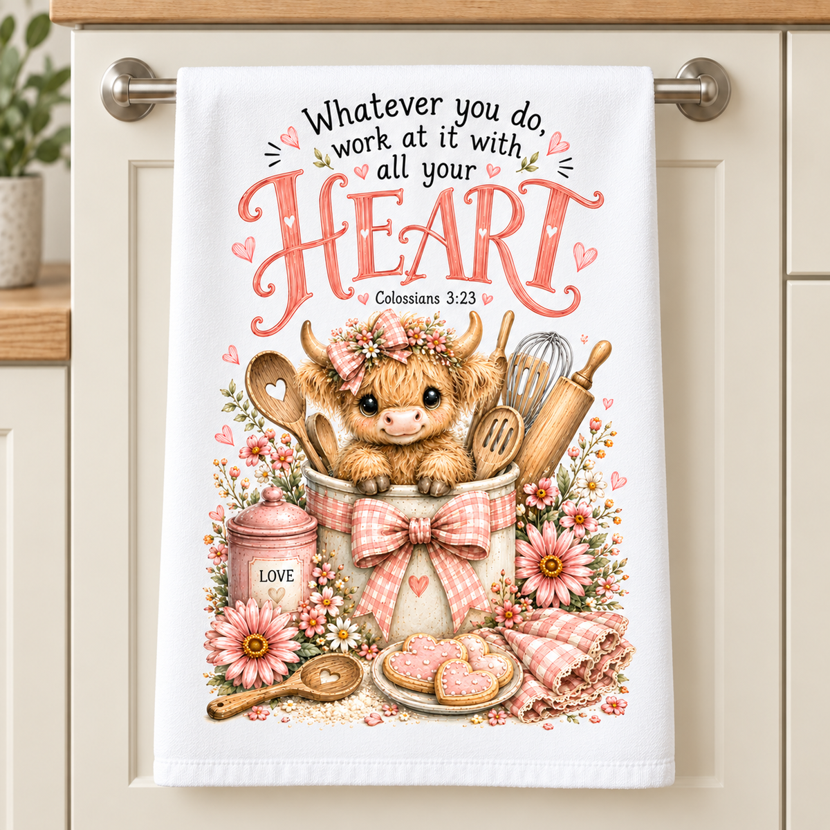 16 x 24 Christian kitchen towel with Highland cow and Colossians 3:23