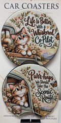 Actual photo of two tabby kitten neoprene car coasters with finger notches and playful driving sayings