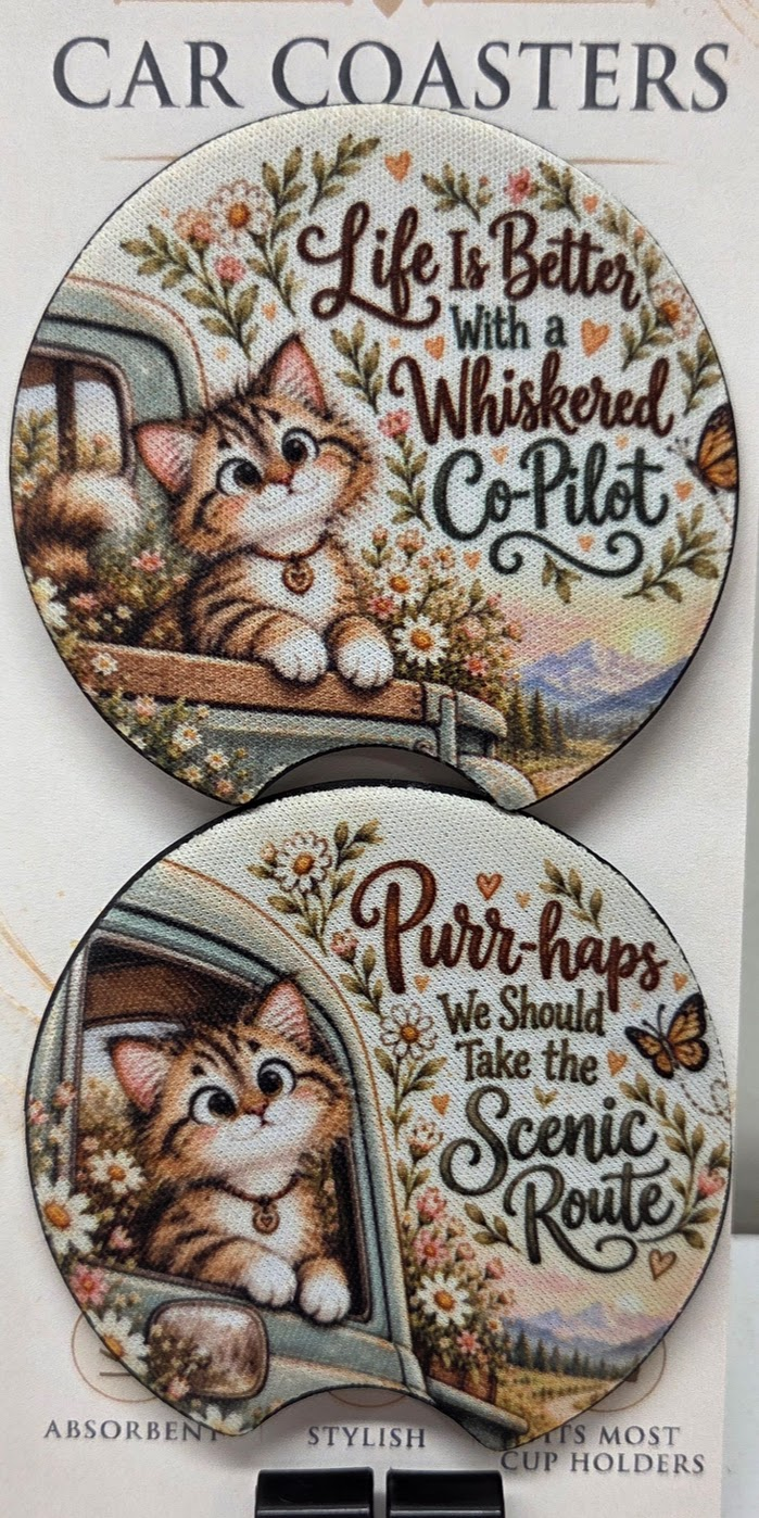 Actual photo of two tabby kitten neoprene car coasters with finger notches and playful driving sayings