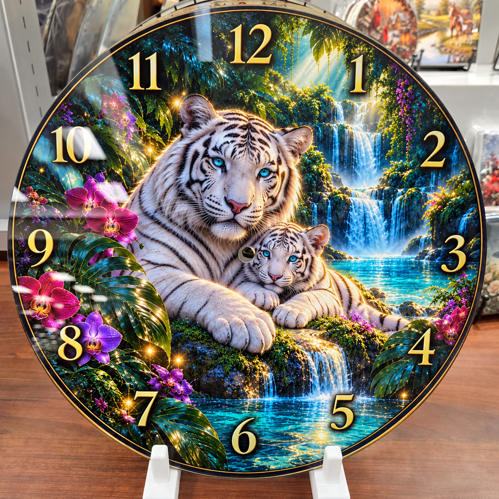 Enchanted Tiger Waterfall 12 inch glass wall clock featuring a white tiger and cub in a tropical waterfall scene, design mockup
